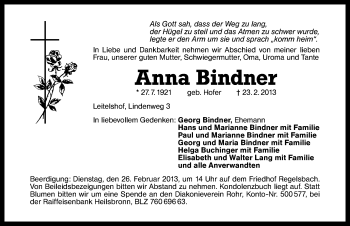 Traueranzeige von Anna Bindner von Schwabach