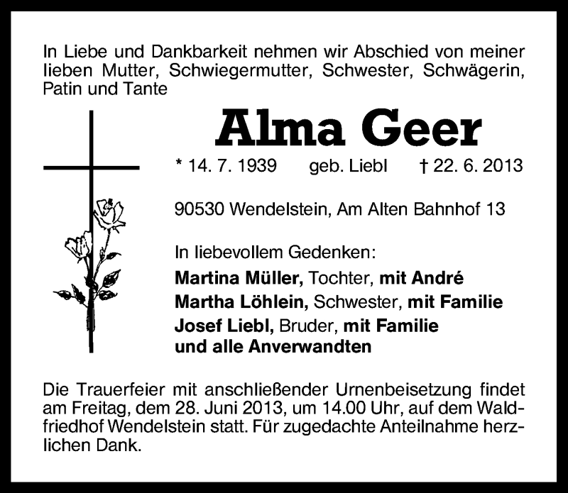  Traueranzeige für Alma Geer vom 26.06.2013 aus Schwabach