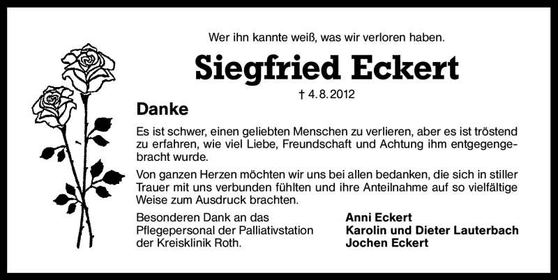  Traueranzeige für Siegfried Eckert vom 18.08.2012 aus Schwabach