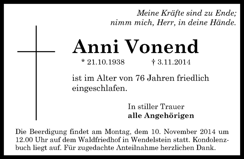 Traueranzeige für Anni Vonend vom 07.11.2014 aus Schwabach