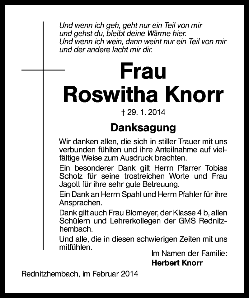  Traueranzeige für Roswitha Knorr vom 15.02.2014 aus Schwabach