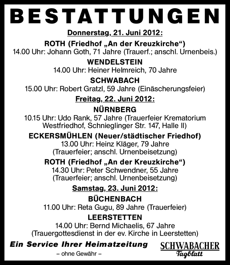  Traueranzeige für Bestattungen 21.06.-23.06.12  vom 21.06.2012 aus Schwabach