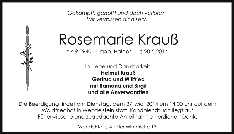  Traueranzeige für Rosemarie Krauß vom 24.05.2014 aus Schwabach