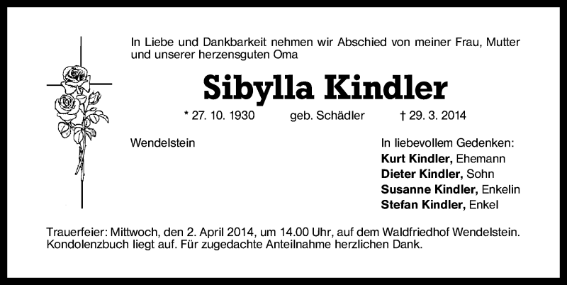  Traueranzeige für Sibylla Kindler vom 01.04.2014 aus Schwabach