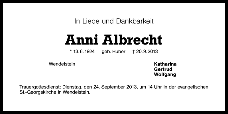  Traueranzeige für Anni Albrecht vom 23.09.2013 aus Schwabach