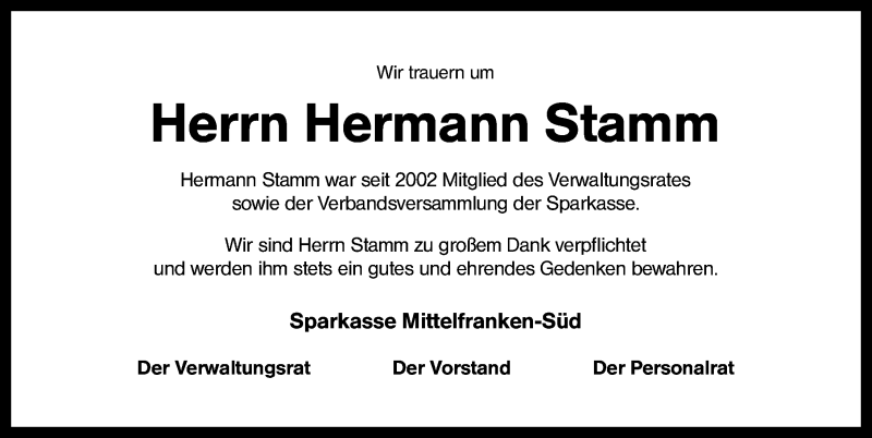  Traueranzeige für Hermann Stamm vom 28.01.2014 aus Schwabach