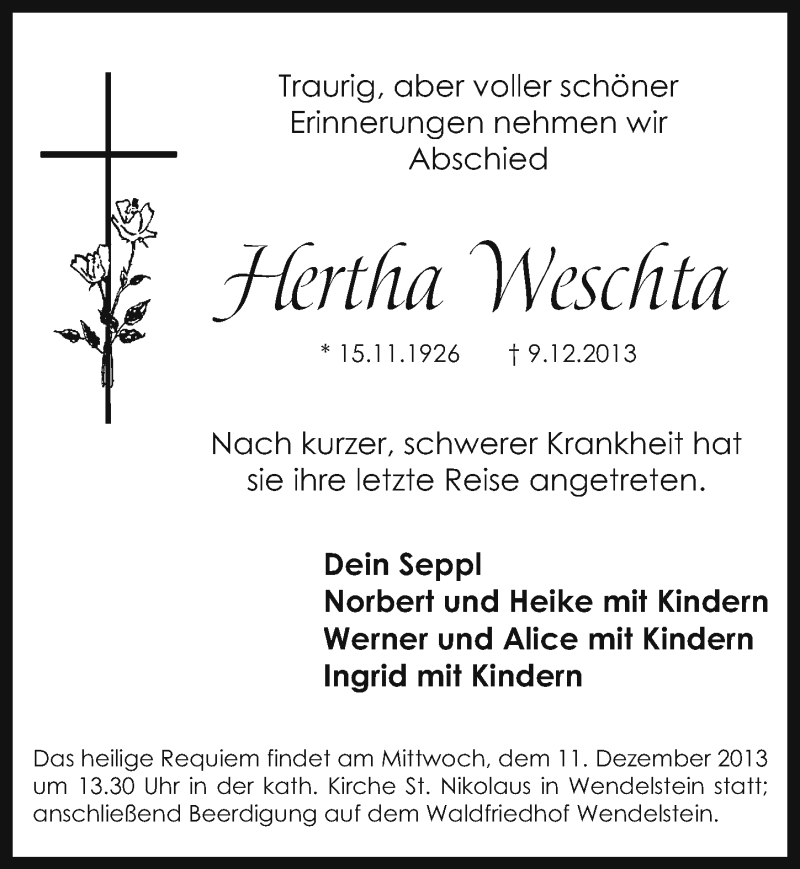  Traueranzeige für Hertha Weschta vom 10.12.2013 aus Schwabach