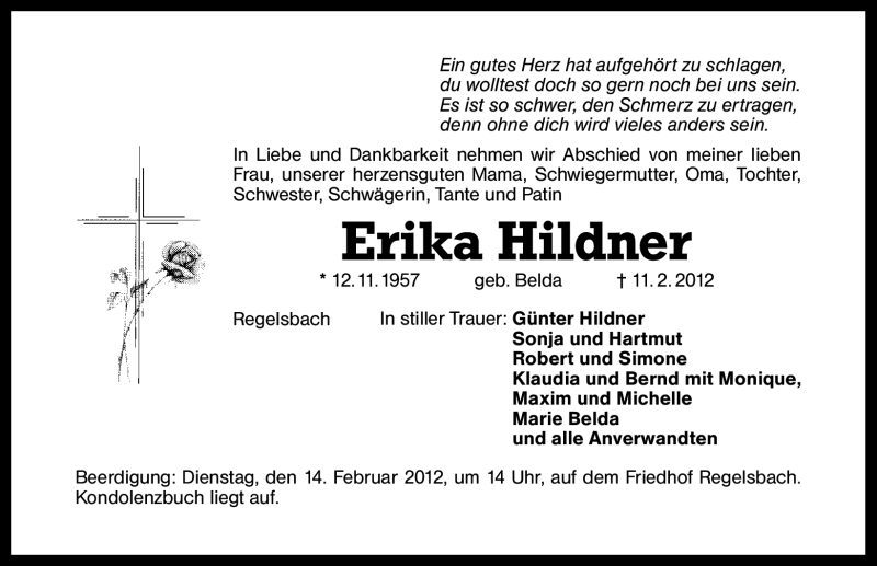  Traueranzeige für Erika Hildner vom 13.02.2012 aus Schwabach