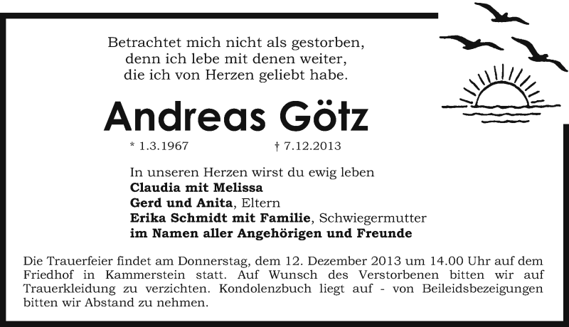  Traueranzeige für Andreas Götz vom 10.12.2013 aus Schwabach