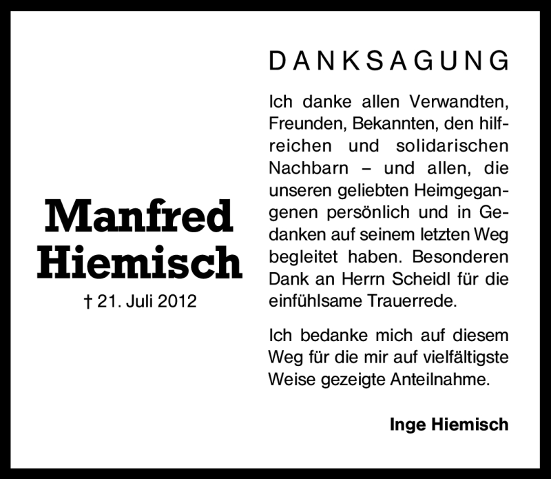  Traueranzeige für Manfred Hiemisch vom 04.08.2012 aus Schwabach