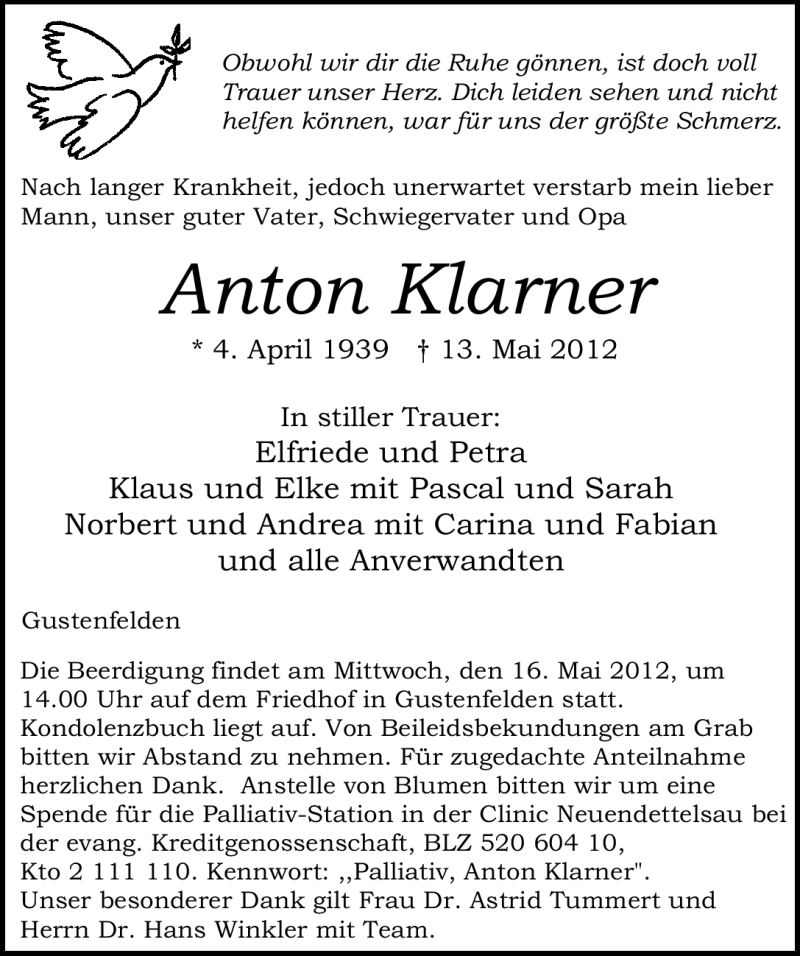  Traueranzeige für Anton  Klarner vom 15.05.2012 aus Schwabach