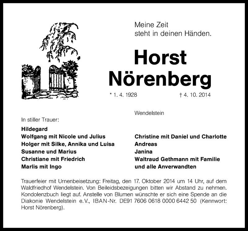  Traueranzeige für Horst Nörenberg vom 11.10.2014 aus Schwabach