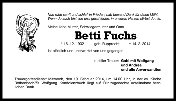 Traueranzeige von Betti Fuchs von Schwabach