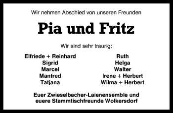 Traueranzeige von Pia und Fritz  von Schwabach