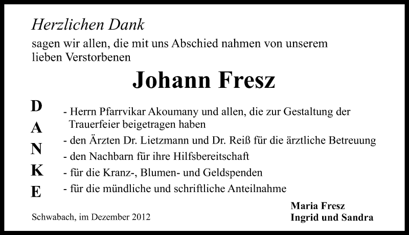  Traueranzeige für Johann Fresz vom 12.12.2012 aus Schwabach