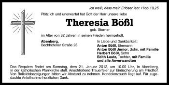 Traueranzeige von Theresia Bößl von Schwabach