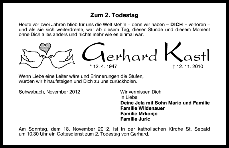  Traueranzeige für Gerhard Kastl vom 12.11.2012 aus Schwabach