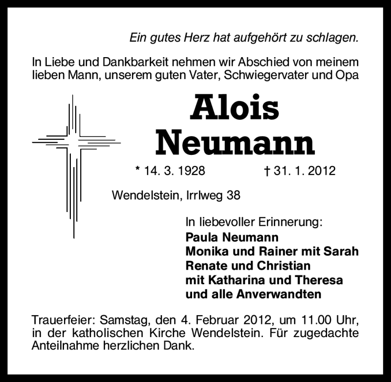  Traueranzeige für Alois Neumann vom 02.02.2012 aus Schwabach