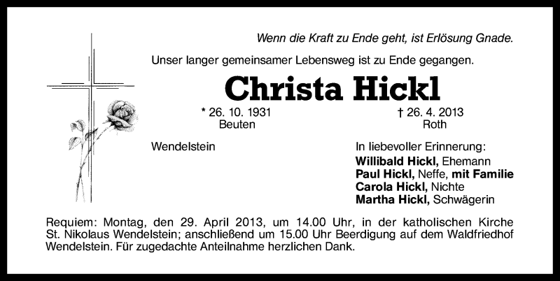  Traueranzeige für Christa Hickl vom 27.04.2013 aus Schwabach
