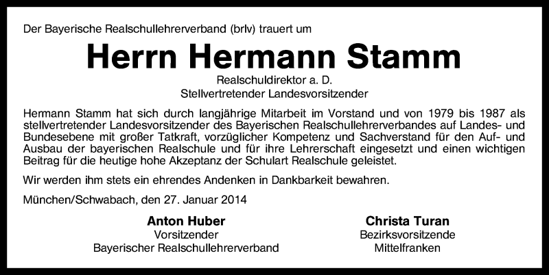  Traueranzeige für Hermann Stamm vom 28.01.2014 aus Schwabach