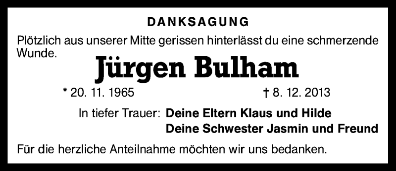  Traueranzeige für Jürgen Bulham vom 11.01.2014 aus Schwabach