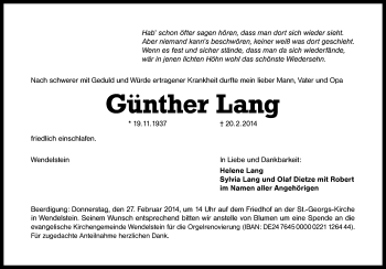Traueranzeige von Günther Lang von Schwabach