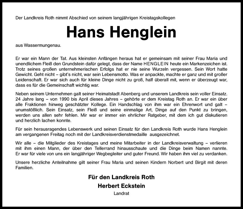  Traueranzeige für Hans Henglein vom 11.12.2014 aus Schwabach