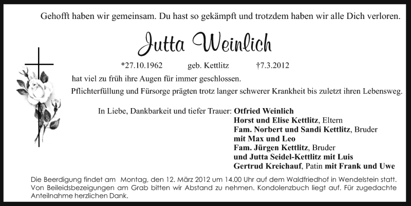  Traueranzeige für Jutta Weinlich vom 10.03.2012 aus Schwabach
