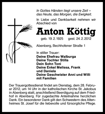 Traueranzeige von Anton Köttig von Schwabach