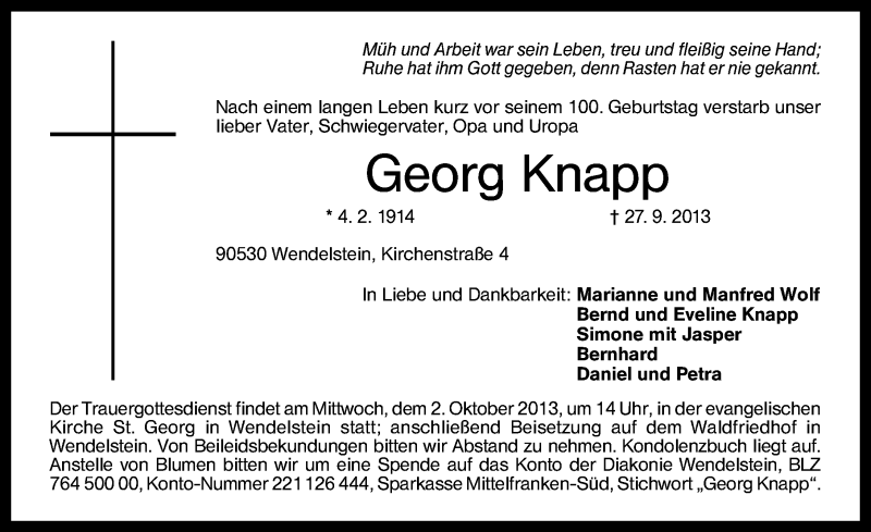  Traueranzeige für Georg Knapp vom 30.09.2013 aus Schwabach