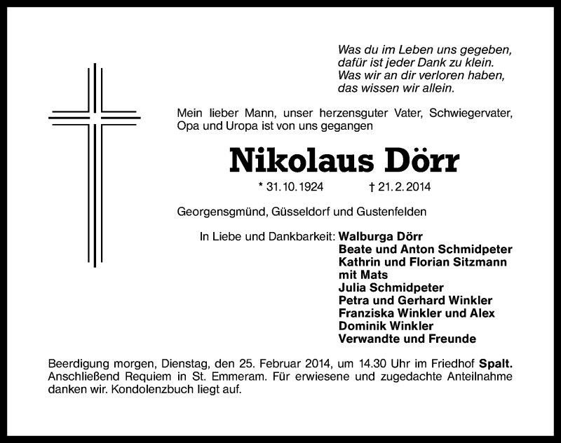  Traueranzeige für Nikolaus Dörr vom 24.02.2014 aus Schwabach