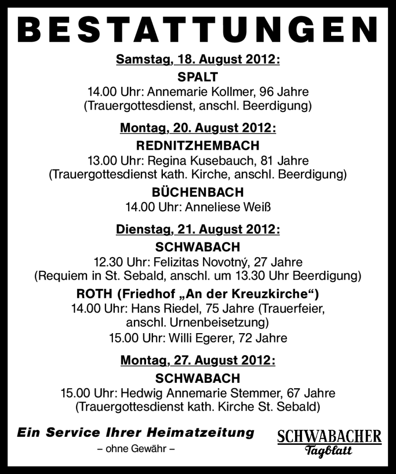  Traueranzeige für Bestattungen 18.08.-27.08.2012  vom 18.08.2012 aus Schwabach