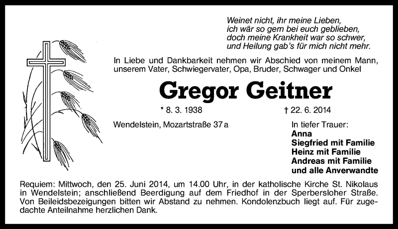  Traueranzeige für Gregor Geitner vom 24.06.2014 aus Schwabach