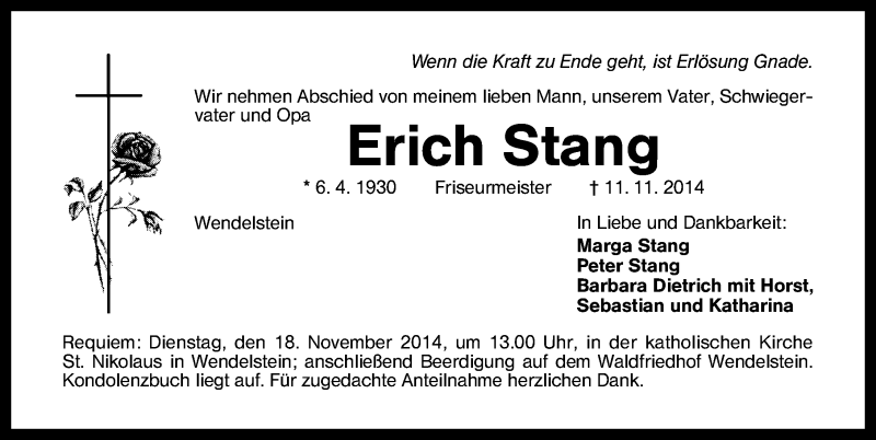  Traueranzeige für Erich Stang vom 15.11.2014 aus Schwabach