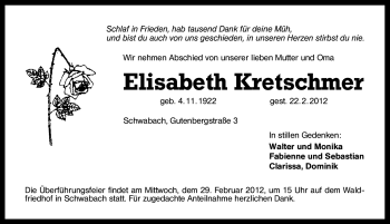 Traueranzeige von Elisabeth Kretschmer von Schwabach