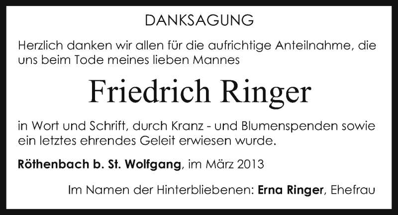  Traueranzeige für Friedrich Ringer vom 30.03.2013 aus Schwabach