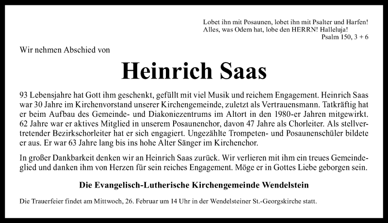  Traueranzeige für Heinrich Saas vom 26.02.2014 aus Schwabach