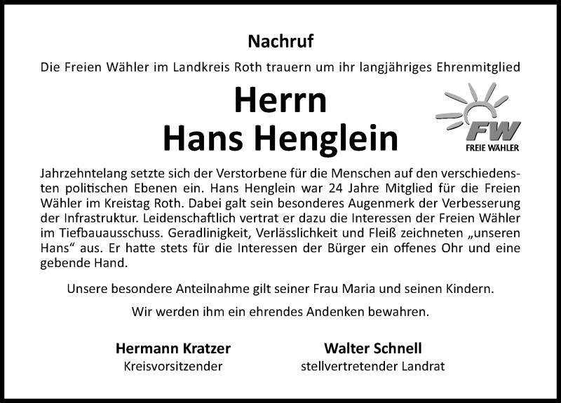  Traueranzeige für Hans Henglein vom 11.12.2014 aus Schwabach