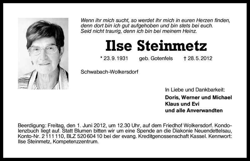  Traueranzeige für Ilse Steinmetz vom 31.05.2012 aus Schwabach