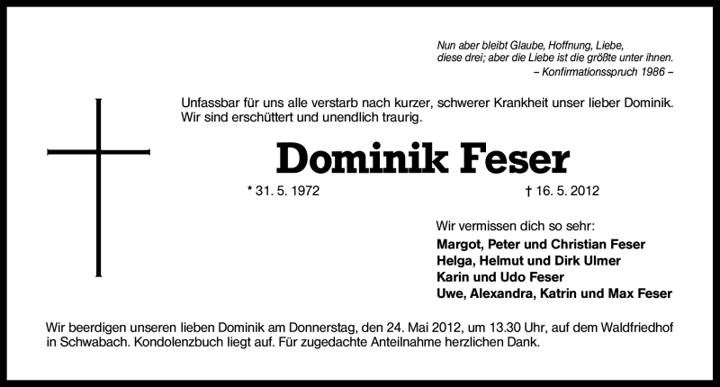  Traueranzeige für Dominik Feser vom 19.05.2012 aus Schwabach