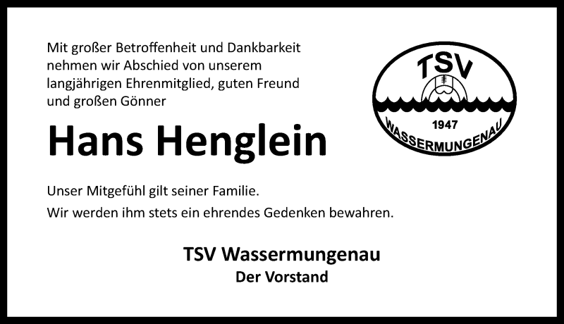  Traueranzeige für Hans Henglein vom 11.12.2014 aus Schwabach