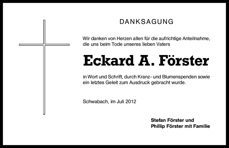  Traueranzeige für Eckard Förster vom 28.07.2012 aus Schwabach