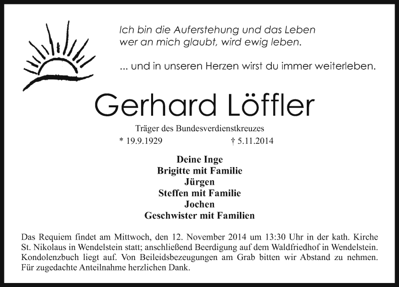  Traueranzeige für Gerhard Löffler vom 08.11.2014 aus Schwabach
