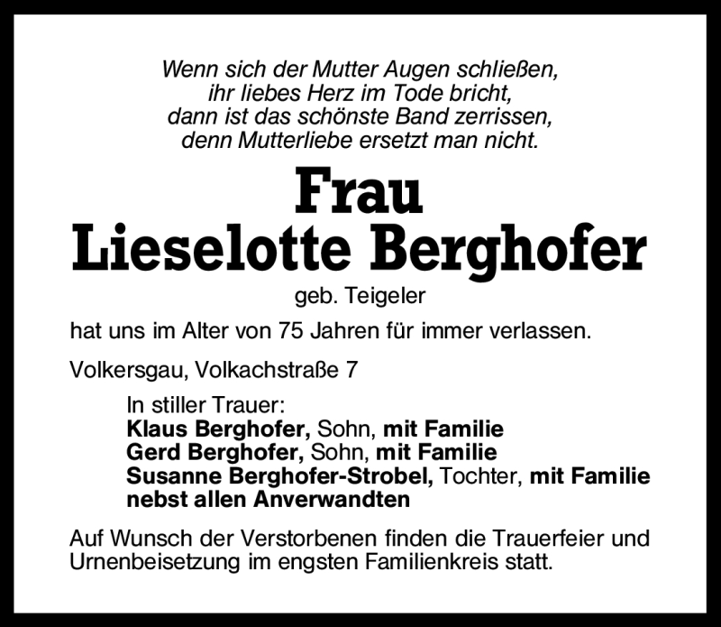  Traueranzeige für Lieselotte Berghofer vom 03.11.2012 aus Schwabach