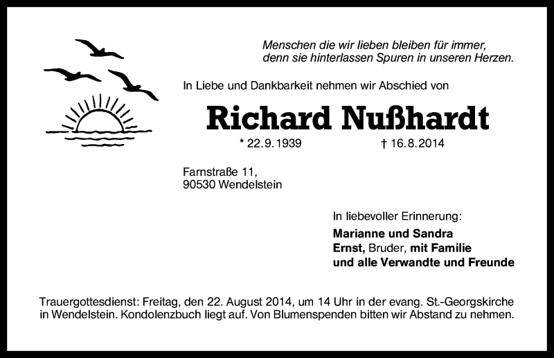  Traueranzeige für Richard Nußhardt vom 20.08.2014 aus Schwabach