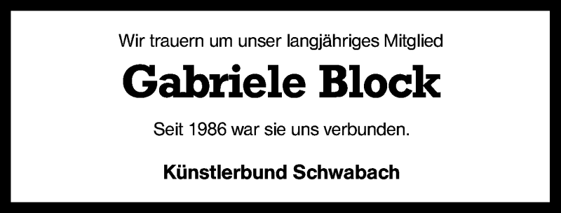  Traueranzeige für Gabriele Block vom 26.04.2014 aus Schwabach