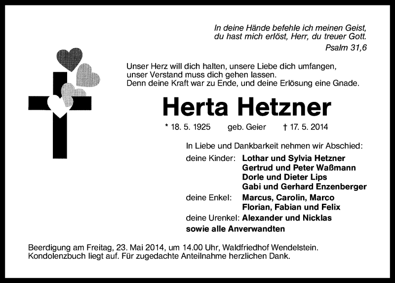  Traueranzeige für Herta Hetzner vom 21.05.2014 aus Schwabach