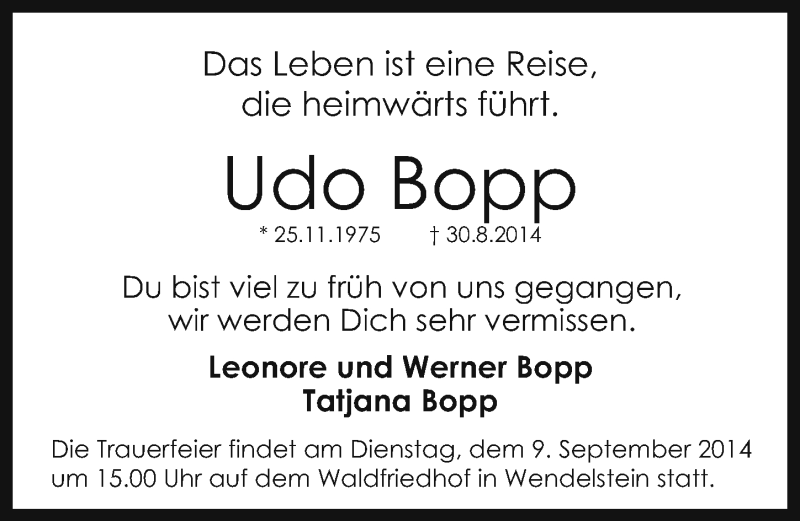  Traueranzeige für Udo Bopp vom 06.09.2014 aus Schwabach