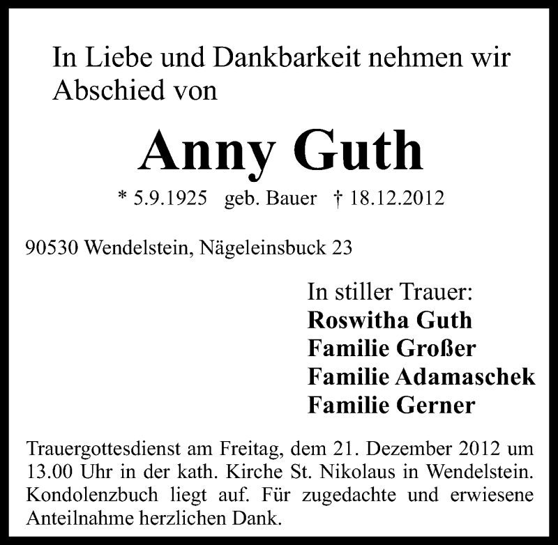  Traueranzeige für Anny Guth vom 20.12.2012 aus Schwabach