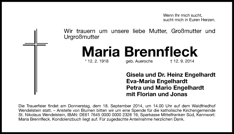  Traueranzeige für Maria Brennfleck vom 15.09.2014 aus Schwabach